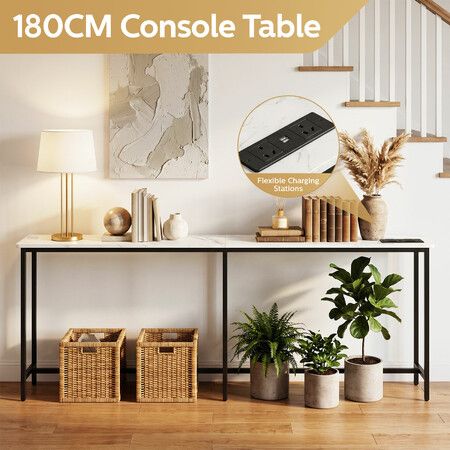 Narrow Console Table Hall Entryway Bar Behind Side Sofa Couch Accent Long Slim Storage Shelf USB Charging Station Marble Effect Top Desk 180x20x78cm