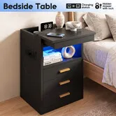 Black Bedside Table LED Nightstand 3 Drawers End Sofa Side Cabinet Charging Station Lockable Storage Shelf Coffee Laptop Desk Bedroom Wooden Furniture