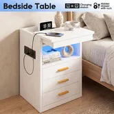 White Bedside Table LED Nightstand 3 Drawers End Sofa Side Cabinet Charging Station Lockable Storage Shelf Coffee Laptop Desk Bedroom Wooden Furniture