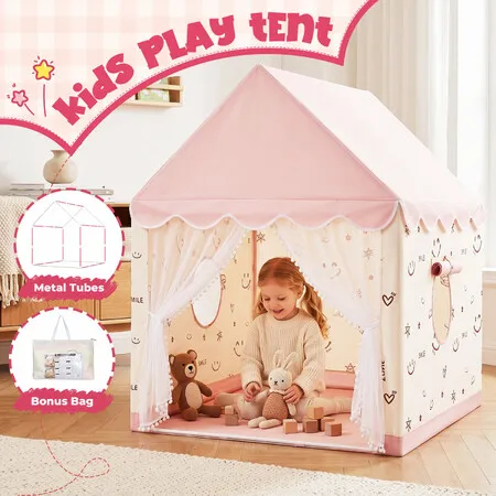 Kids Play Tent Playhouse Portable Pink Princess Castle Indoor Outdoor Reading Nook Washable Polyester Metal Frame Storage Bag Toddlers Cubby Bedroom