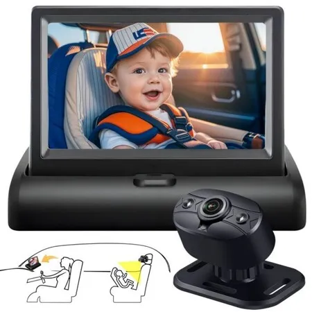 4.3 Inch Baby Car Camera for Backseat, HD Night Vision Car Seat Camera, 150 Degree Wide View 360 Rotatable Rear Infant Monitor, Plug Play USB Powered