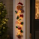 Glowing Christmas Door Hanger, Lighted Christmas Gingerbread Man Holiday Decor, Quilted Fabric Wreath Entryway Decor for Indoor Outdoor Holiday Display