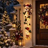 Glowing Christmas Door Hanger, Lighted Christmas Elk Holiday Decor, Quilted Fabric Wreath Entryway Decor for Indoor Outdoor Holiday Display