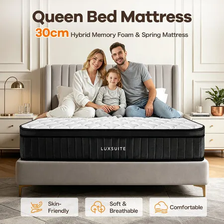 Queen Size Bed Mattress In A Box Memory Foam 152x203cm 30cm Hybrid Pocket Spring Medium Firm Breathable Bedding Stomach Back Side Sleepers LUXSUITE
