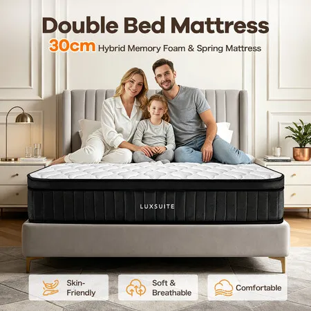 LUXSUITE Double Size Bed Mattress Hybrid Pocket Spring In A Box Memory Foam 30cm Medium Firm Breathable Bedding Stomach Back Side Sleepers 137x191cm