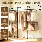 Industrial Pipe Garment Rack Clothing Wardrobe Organiser Rails 5 Hanging Rods Wall Mounted Adjustable Walk In Closet Clothes Storage Display 296x223cm