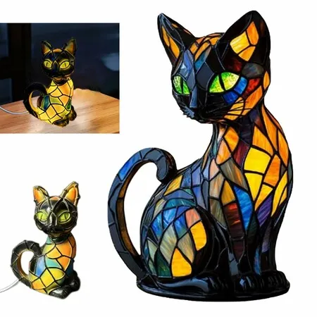 Stained Glass Cat Lamp, Decorative Resin LED Night Light for Cat Lovers, USB-Powered Vintage 3D Table Lamp Cozy Glow for Desk and Mantel