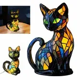 Stained Glass Cat Lamp, Decorative Resin LED Night Light for Cat Lovers, USB-Powered Vintage 3D Table Lamp Cozy Glow for Desk and Mantel