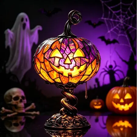 Stained Glass Halloween Pumpkin Table Lamp, USB Halloween Night Light Vintage Style Desktop Decorative Ornament