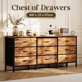 9 Drawer Dresser Tallboy Chest of Drawers Bedroom Closet Clothes Storage Wooden Top Metal Frame TV Console Cabinet Childrens Nursery Organiser 160cm