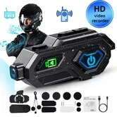 Motorcycle Helmet Intercom with HD Camera, 600M 2-Way Bluetooth Interphone, 120 Degree Dash Cam IPX5 Waterproof FM Radio