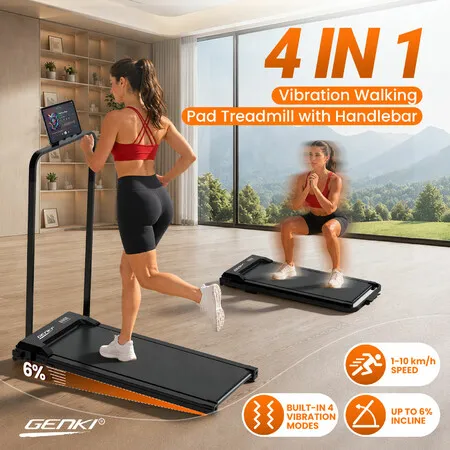 Genki 4in1 Walking Pad Treadmill Handlebar Under Desk Incline Vibration Fitness Bluetooth App Compact Exercise Running Machine Home Gym Workout Remote