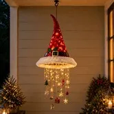 Lighted Santa Hat Hanging Chandelier, Warm LED Christmas String Decor, Indoor Outdoor Plush Holiday Home Decor for Porches