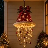 Lighted Santa Hat Hanging Chandelier, Warm LED Christmas String Decor, Indoor Outdoor Plush Holiday Home Decor for Porches