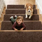 Non Slip Stair Treads 15PCS Indoor Wooden Steps Elders Pet Safety Carpet Mats 70x20cm Soft Washable Runner Rugs Pads Protector Adhesive Polyester Brown