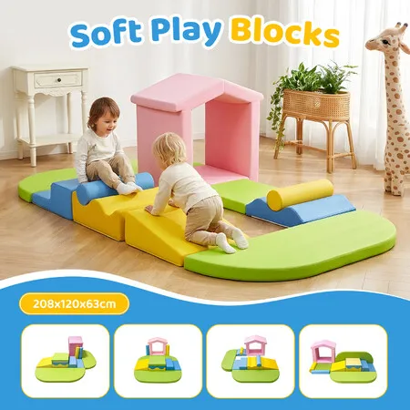 Kids Sofa Play Set Modular Couch Soft Foam Building Blocks 10 Pcs Toddler Childrens Comfy Climbing Indoor Activity Centre Playset with Washable Cover