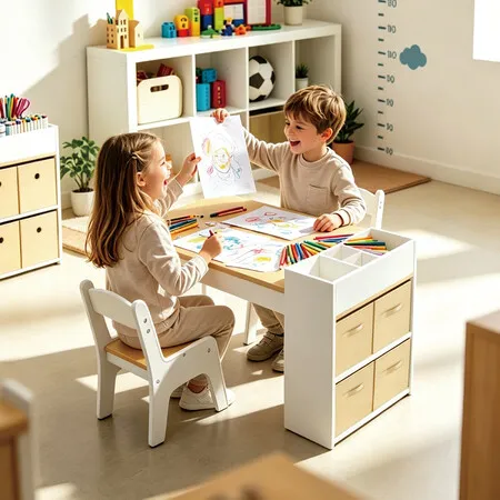 Kids Table and Chairs Set Book Storage Shelves Fabric Drawers Paper Roll Dispenser Childrens Wooden Activity Desk Toddler Craft Study Play Furniture