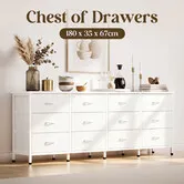 12 Drawer Dresser Chest of Drawers Closet Storage TV Stand Console Cabinet Table Bedroom Living Room Organiser Unit 180cm White Wooden Top Metal Frame