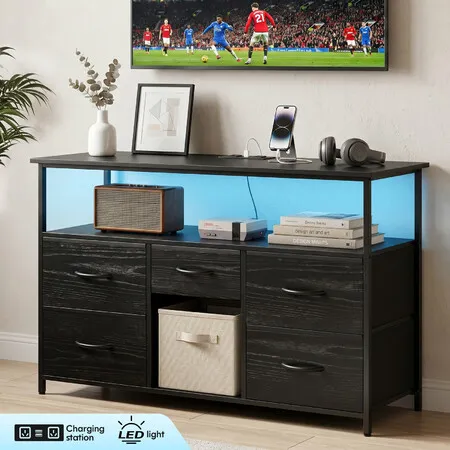 LED TV Stand Cabinet 5 Drawer Shelf Entertainment Centre Bedroom Dresser Chest of Drawers Storage Unit Media Console Table USB Charging Station Black