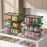 6PCS Freezer Baskets Stackable Chest Organiser Bins Metal Wire Storage Kitchen Fridge Pantry Container Sort Frozen Meats Handles Black 37x18x15.5cm