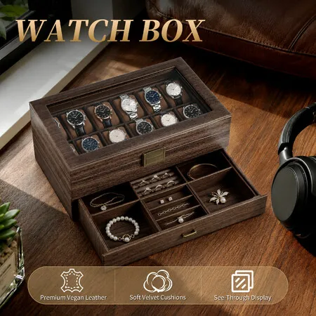 Watch Box Organiser 12 Slot Storage Display Case Jewellery Drawer PU Leather Glass Lid Velvet Cushions Men Women Wrist Watches Gift Collection Holder