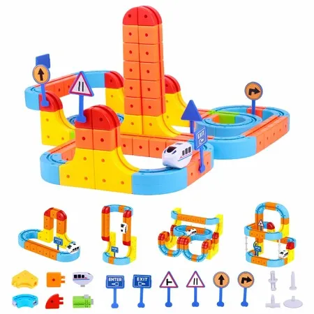 146PCS DIY Electric Track Car Toy Set, Wall Mountable Orbital Race Car, ABS Building Block Tracks, Gift for Kids Ages 3+
