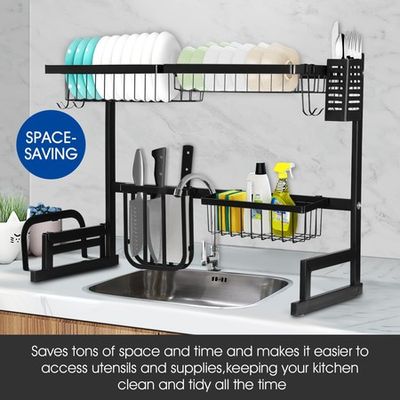 Over the Sink Dish Drying Rack, Stainless Steel Dish Rack with Utensil  Holder Hooks Space Saver for Kitchen Supplies Storage Shelf Counter Top  (Single-layer/Double-layer ) 