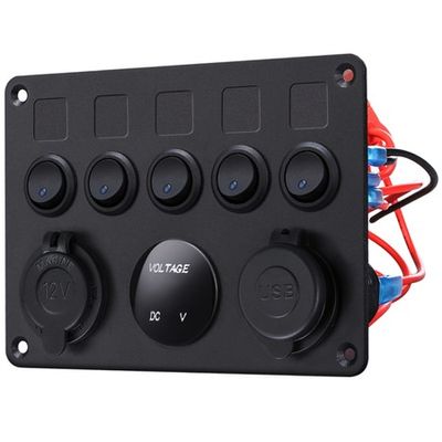 5 Gang Switch Panel 12V/24V with Digital Voltmeter Blue LED