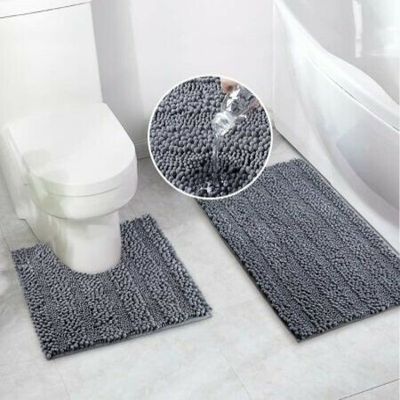 3 Pieces Chenille Bath Mat Set Non Slip Soft Bathroom Rug Shower Mat Toilet  Mat