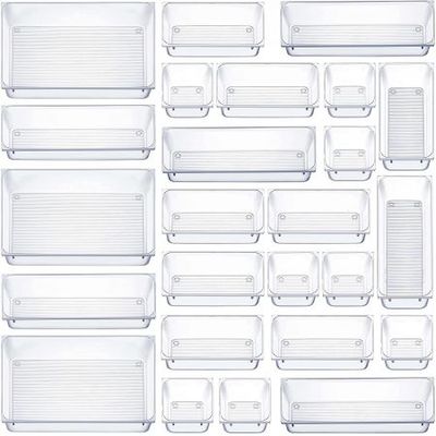 16 Pcs Drawer Organizer Set Dresser Desk Drawer Dividers - 5 Size Bathroom  Vanity Cosmetic Makeup Trays - Multipurpose Clear Plastic Storage Bins for  Jewelries, Kitchen Gadgets and Office Accessories 