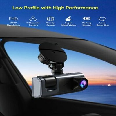 3 Channel Dash Cam Front and Rear Inside, 1080P Dash Camera for Cars,  Dashcam Three Way Triple Car Camera with IR Night Vision, Loop Recording