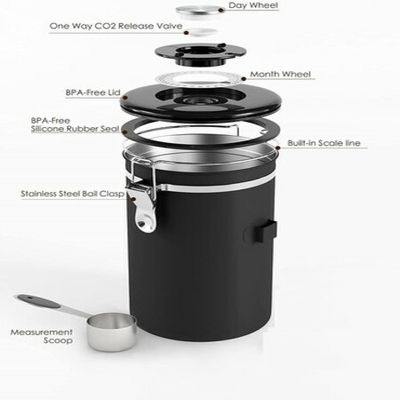 22oz Stainless Airtight Coffee Container w/ Date Tracker CO2-Release Valve  Scoop