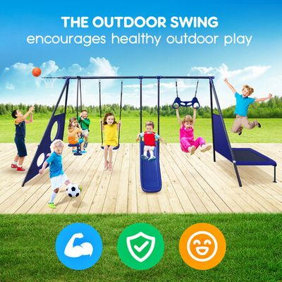 Swing set with trampoline and clearance slide