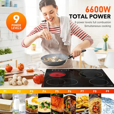 Ceramic Cooktop Stove Electric Cooktop Hob Cooker Glass Top 4 Burners 6  Zones 60cm Touch Control Built In Maxkon