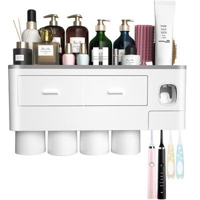 Toothbrush Holder Wall Mounted, 4 Cups Toothbrush Holder Wall Mounted with  Toothpaste Dispenser, Large Capacity Tray