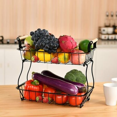 2-Tier Fruit Basket Bowl for kitchen Countertop Metal Bread Basket Fruit  Stand Vegetables Storage Holder, Black