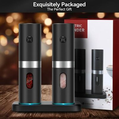 Electric Salt and Pepper Grinder Set - Rechargeable, Chargeable Base,LED  Lights, Adjustable Coarseness and One Hand Operation, with Bonus Cleaning