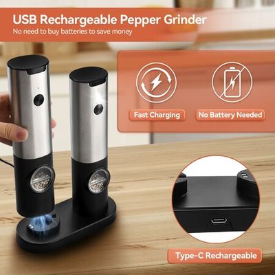 Electric Salt And Pepper Grinder Set Base Charging Stainless Steel USB  Rechargeable Automatic Pepper Mill Salt