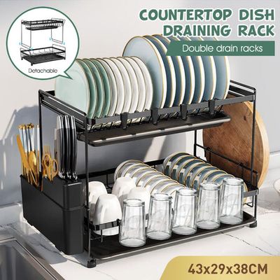 Metal 2 Tier Kitchen Shelf Organizer Plate Dish Drying Rack Over Drain Rack  Kitchen Gadgets Storage Countertop Utensils Holder
