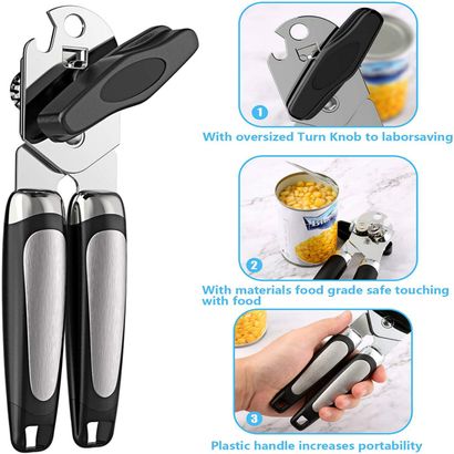 Can Opener, Heavy Duty 3-in-1 Manual Can Opener, Smooth Edge Multi-function Can  Opener With Stainless Steel Blade, Easy-twist Knob And Non-slip Utensi