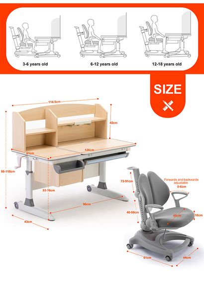 Ergonomic Children Kids Study Desk and Chair Set Grey Height