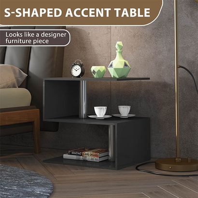 Black End Table Living Room Small Side Table with 2-Tier Storage