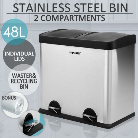 Modern 48 Litre Rectangle Pedal Rubbish Bin with Stainless Steel Body & Plastic Flip-Top Lids - 2 Separate Compartment