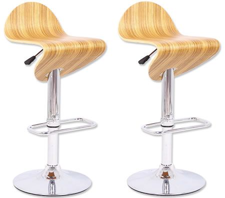 2 x Bar Stool Chair with Chrome Square Footrest and Adjustable Height - Natural Wood Brown