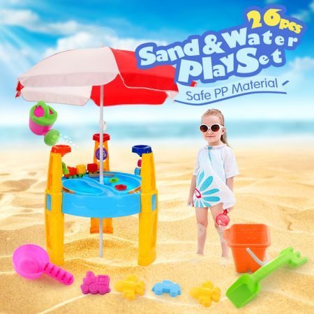 Outdoor Water & Sand Children's Activity Play Transport Table with Accessories & Umbrella