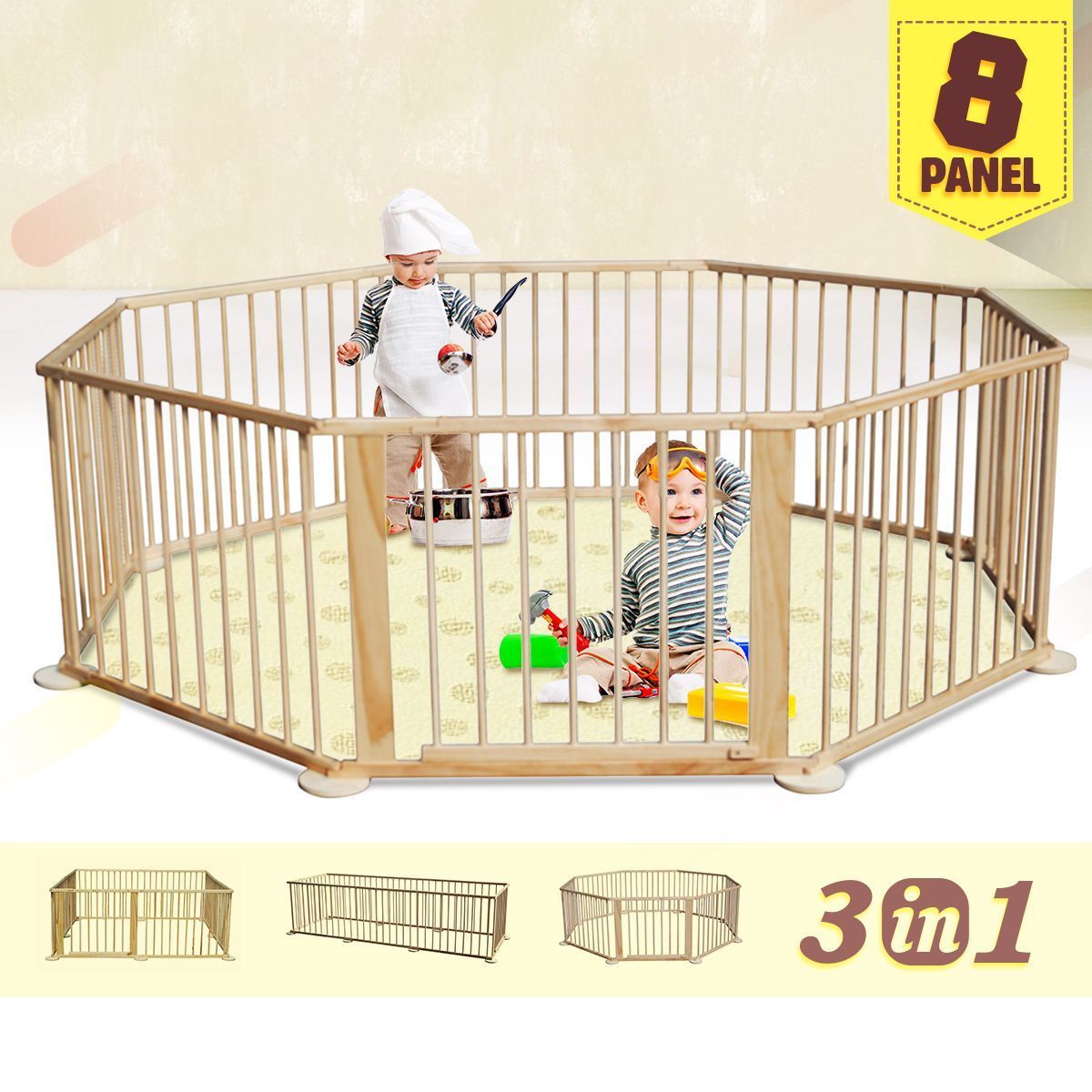 Kids Baby Toddler Deluxe Wooden Large 8 Panel Playpen Divider with