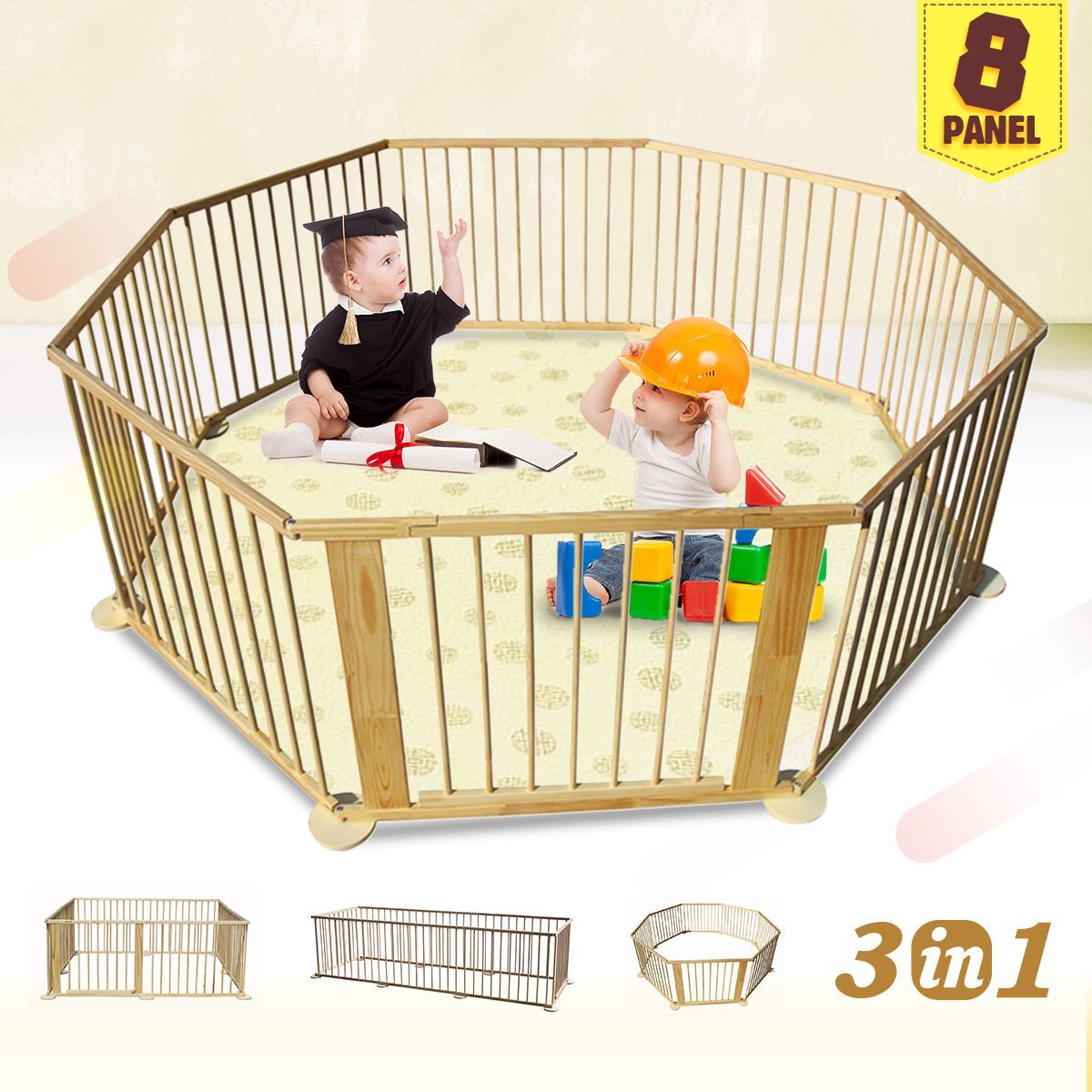 Kids Baby Toddler Deluxe Wooden Large 8 Panel Playpen Divider Woodgrain