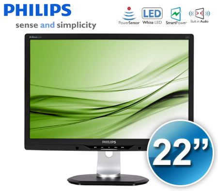 Philips 22" Brilliance Widescreen LED Monitor with PowerSensor - Black VGA/DVI-D, 4 x USB 2.0, 1680x1050, 5MS - 225PL2EB