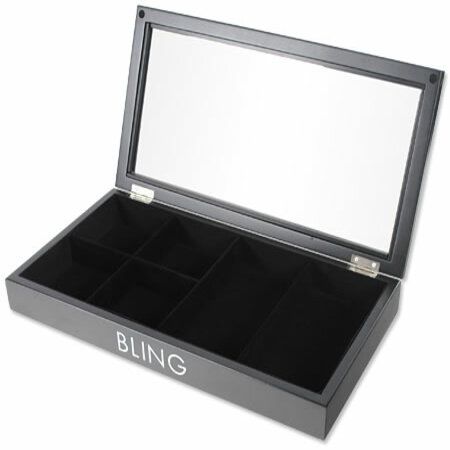 box wooden display compartment bling rectangular lid jewellery glass