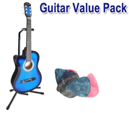 Melodic 38'' Acoustic Cutaway Guitar Blue + Guitar Stand + Guitar Tuner + 15x Guitar Picks - VALUE PACK